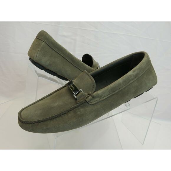 PRADA 2DD159 KHAKI FUMO SUEDE LOGO DRIVING MOCCASINS LOAFERS 7.5 / US 8.5 ITALY - Picture 4 of 12